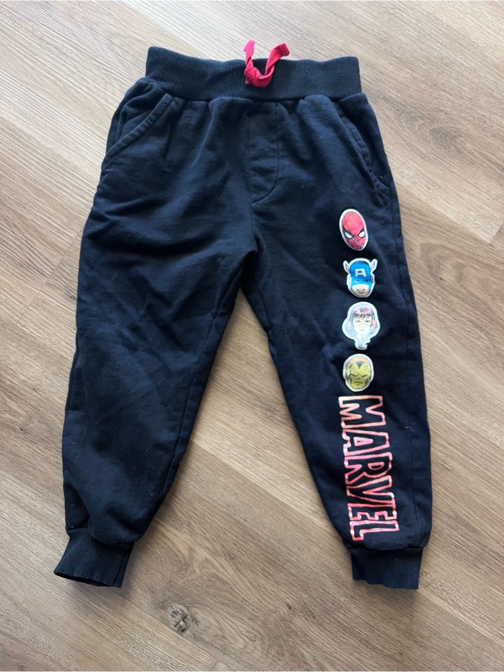 Marvel Black Kids Joggers with Red Drawstring and Character Patches